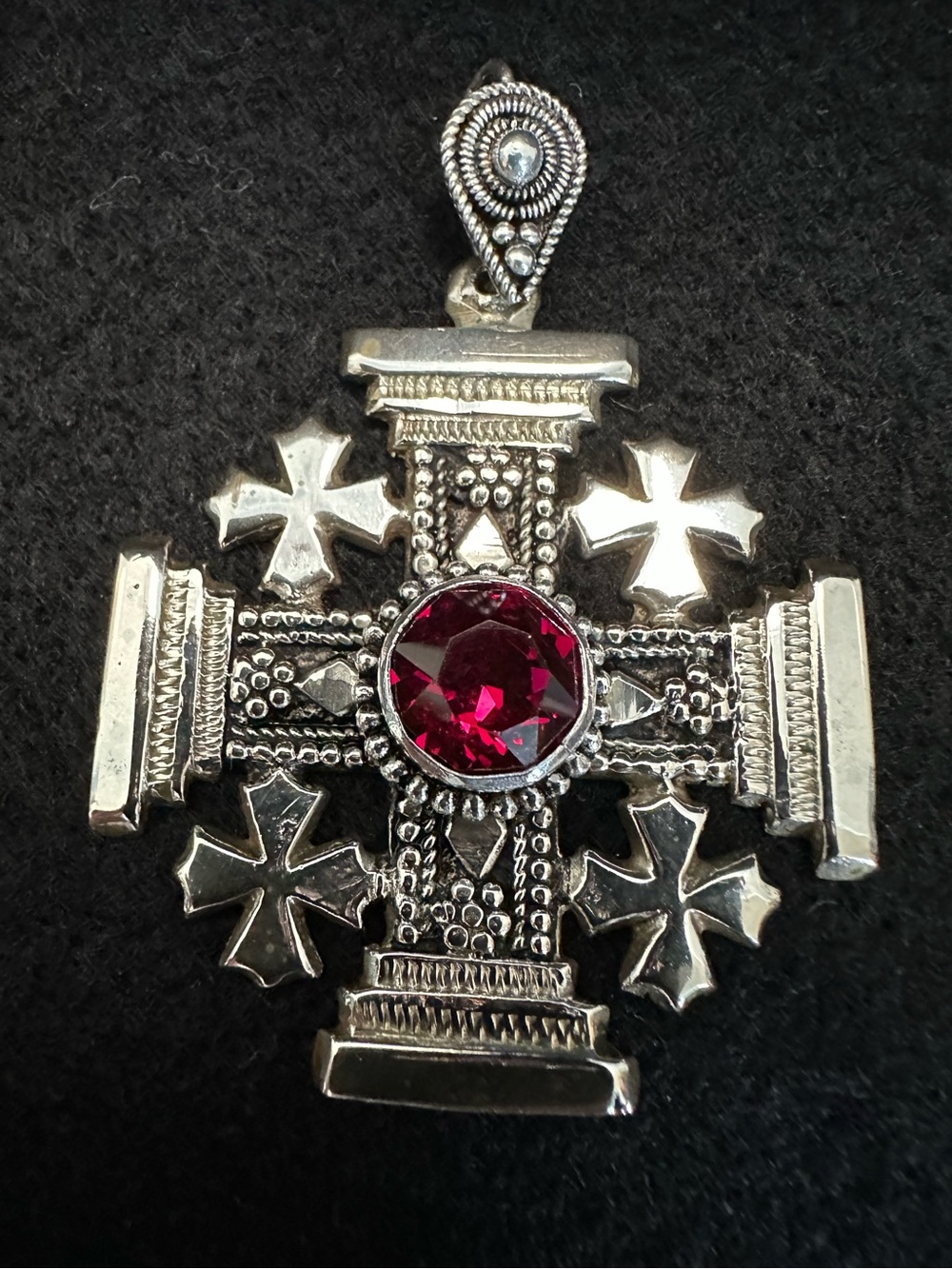 Vintage Jerusalem Cross 900 Silver Garnet Pendant- STUNNING AND BEAUTIFUL!!-EUC